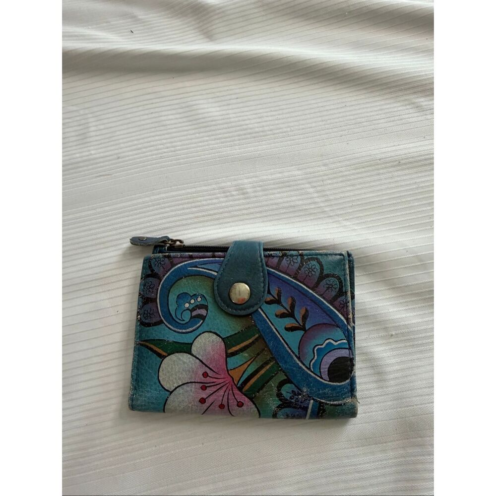 Anuschka Hand Painted Blue Leather Bi-Fold Wallet 4" X 5"